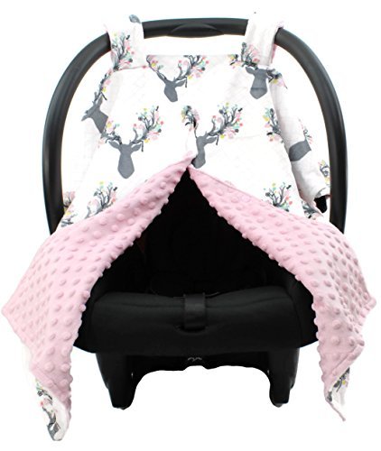 Dear Baby Gear - Baby Car Seat Canopy - Infant Car Seat Cover with Snap Opening - Carseat Canopies for Boys & Girls - 40x30 (Antler & Flower Print, Pink Dot)