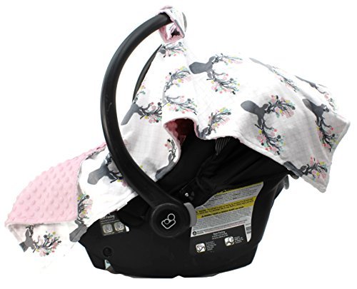 Dear Baby Gear - Baby Car Seat Canopy - Infant Car Seat Cover with Snap Opening - Carseat Canopies for Boys & Girls - 40x30 (Antler & Flower Print, Pink Dot)