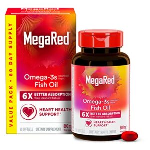 megared omega 3 fish oil supplement 800mg (per serving), advanced 6x absorption epa & dha omega 3 fatty acid softgels (80cnt box), phopholipids, supports brain eye joint & heart health