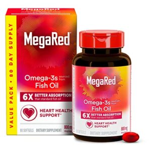 MegaRed Omega 3 Fish Oil Supplement 800mg (per Serving), Advanced 6X Absorption EPA & DHA Omega 3 Fatty Acid Softgels (80cnt Box), Phopholipids, Supports Brain Eye Joint & Heart Health