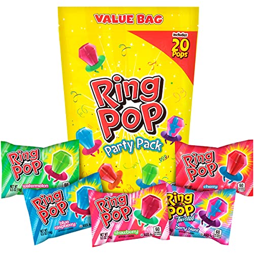 Ring Pop Individually Wrapped Bulk Lollipop Variety Party Pack – 20 Count Suckers w/ Assorted Fruity Flavors - Fun Candy for Kids - Hard Candy for Party Favors, Birthdays, Celebrations & Goodie Bags