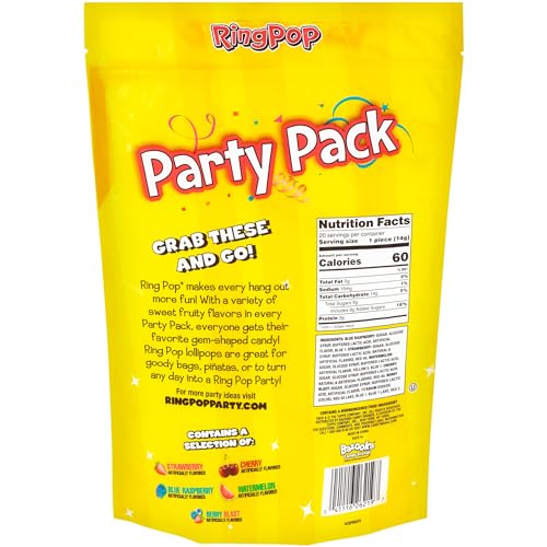 Ring Pop Individually Wrapped Bulk Lollipop Variety Party Pack – 20 Count Suckers w/ Assorted Fruity Flavors - Fun Candy for Kids - Hard Candy for Party Favors, Birthdays, Celebrations & Goodie Bags
