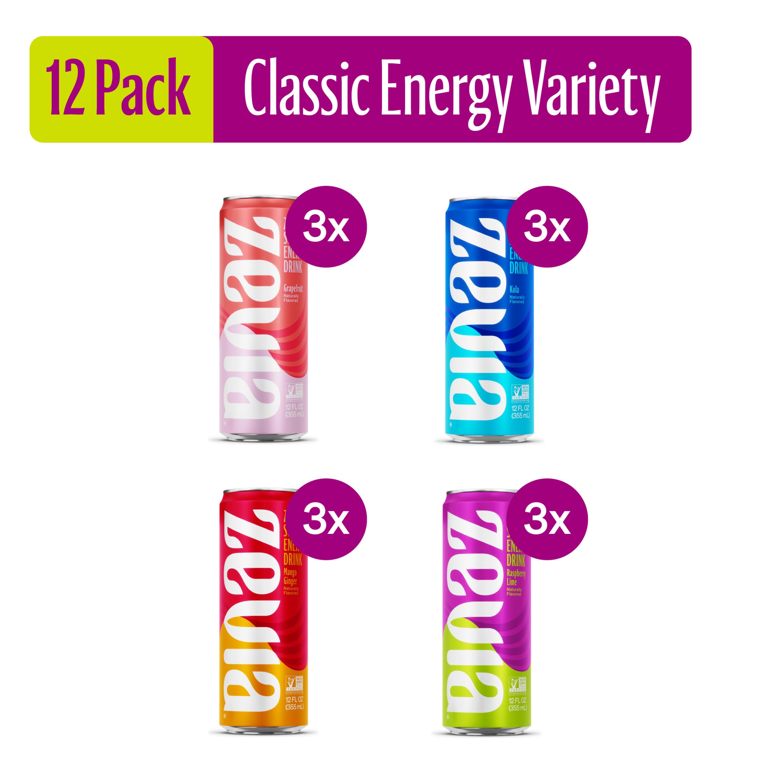 Zevia Zero Calorie Energy Drink, 4-Flavor Classic Variety Pack, 12 Ounce Cans (Pack Of 12)