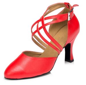 tda women's round toe ankle wrap buckle red leather salsa tango ballroom latin modern dance wedding shoes 4 m us