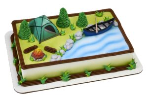 decopac fireside camp decoset cake decoration multi, tent: 3"l x 2.6"w x 1.9"h; canoe with oar: 3.5"l x 1.65"w x 1.2"h; campfire: 1.4"d x 1.2"h