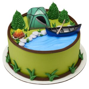 Decopac Fireside Camp DecoSet Cake Decoration Multi, Tent: 3"L x 2.6"W x 1.9"H; Canoe with Oar: 3.5"L x 1.65"W x 1.2"H; Campfire: 1.4"D x 1.2"H