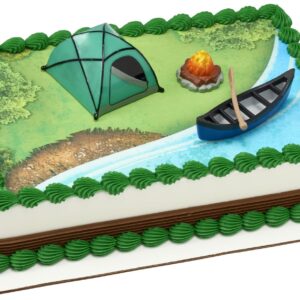 Decopac Fireside Camp DecoSet Cake Decoration Multi, Tent: 3"L x 2.6"W x 1.9"H; Canoe with Oar: 3.5"L x 1.65"W x 1.2"H; Campfire: 1.4"D x 1.2"H