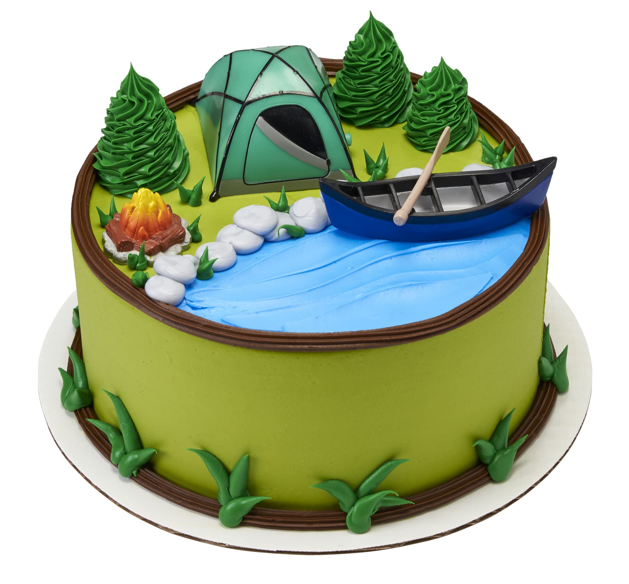 Decopac Fireside Camp DecoSet Cake Decoration Multi, Tent: 3"L x 2.6"W x 1.9"H; Canoe with Oar: 3.5"L x 1.65"W x 1.2"H; Campfire: 1.4"D x 1.2"H