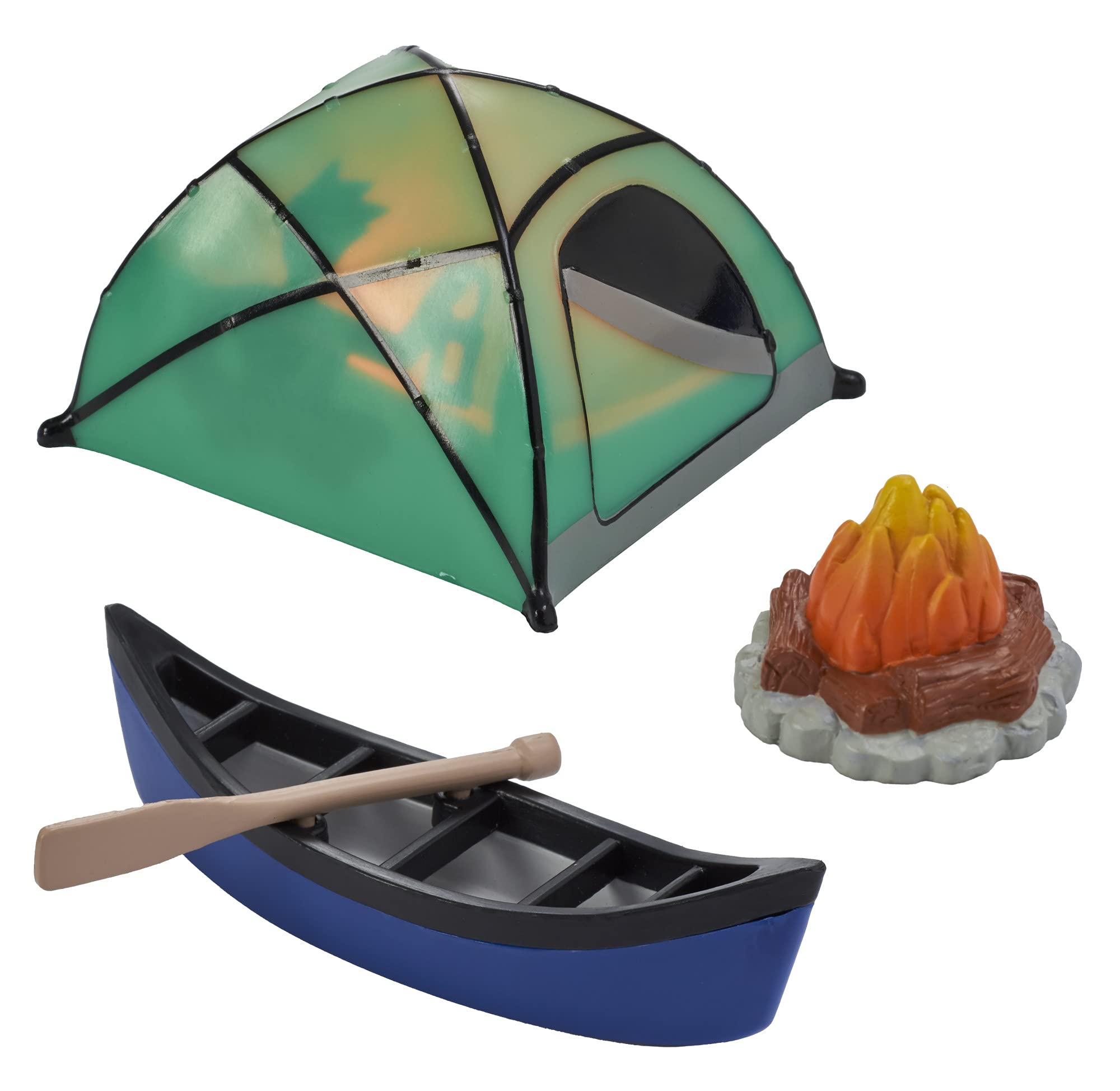 Decopac Fireside Camp DecoSet Cake Decoration Multi, Tent: 3"L x 2.6"W x 1.9"H; Canoe with Oar: 3.5"L x 1.65"W x 1.2"H; Campfire: 1.4"D x 1.2"H