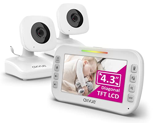 AXVUE Video Baby Monitor, Comfortable Slim Design Handheld Enclosure, 4.3" Screen Monitor & 2 Camera, Range up to 1000ft, 12 Hour Battery Life, 2-Way Talk, Night Vision, Temperature Monitor, No WiFi.