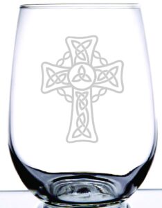 ie laserware irish celtic cross laser etched engraved on wine glass, 15 ounce stemless wine glass - great gift for irish pride