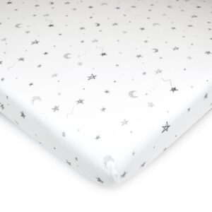 american baby company fitted pack n play playard sheet 27" x 39", soft breathable 100% cotton jersey pack and play sheet, grey stars and moons, for boys and girls, fits most mini crib mattresses