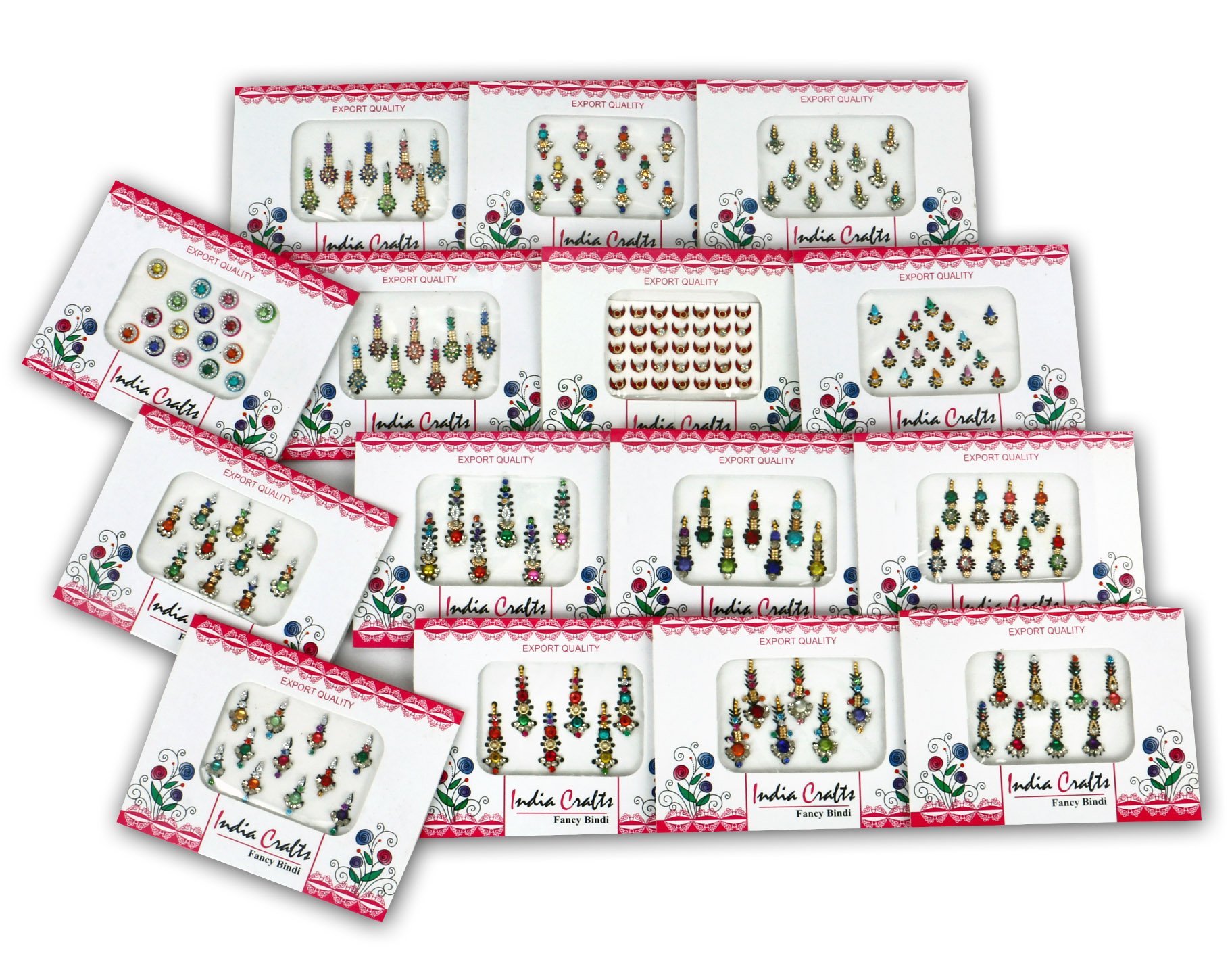 India Crafts ™ 12 Packs- 100 Multicolored long Bindis Forehead Tika Face Jewels