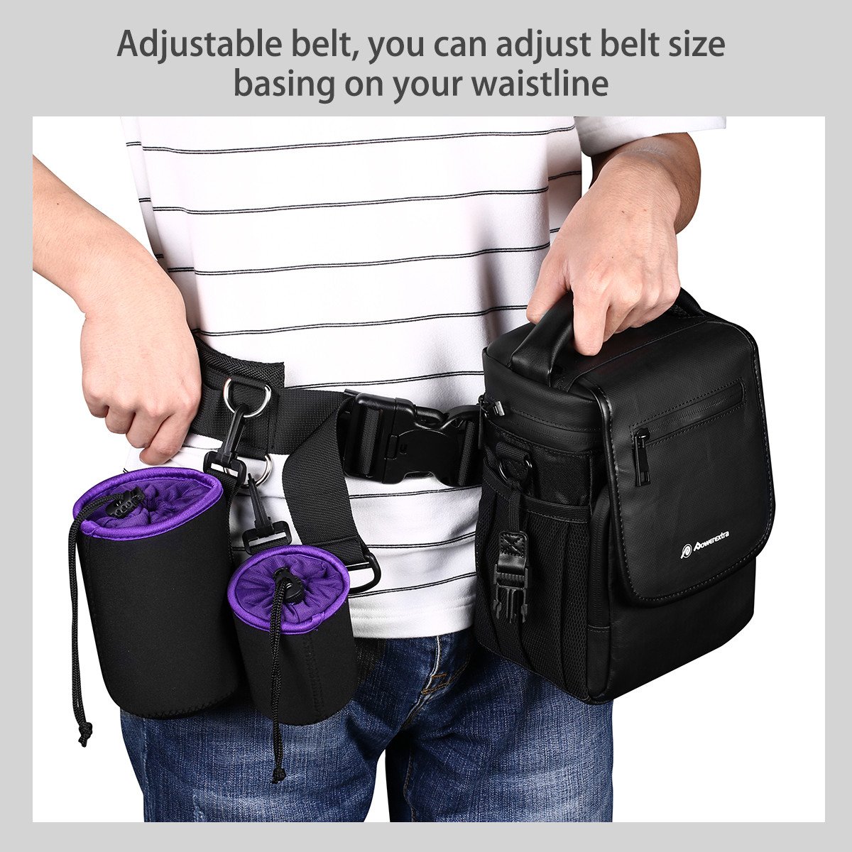 Powerextra Multifunction Outdoor Photography Adjustable Waist Strap Belt with D-rings for Hanging Tripod Lightweight Camera Bag Lens Pouch Flash Bag