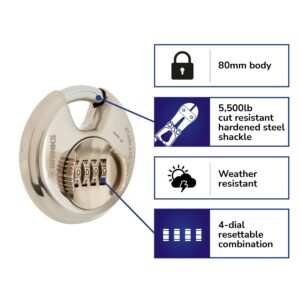 BRINKS 173-80051 Stainless Steel Resettable Combination Discus Padlock, 80Mm, Silver