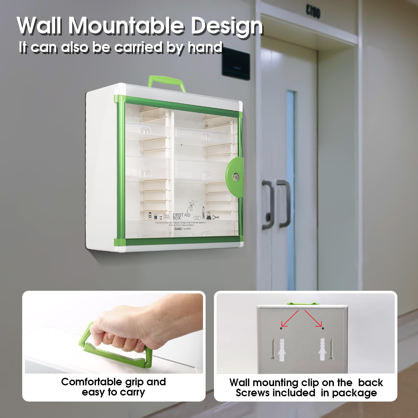 Glosen Medicine Cabinet Locking Medicine Cabinet Wall Mounted 15.62 x 6.5 x 15.43 Inch Portable Storage Container Big Capacity Green