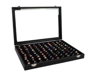 wudygirl 100 slots ring display case,black jewelry holder organizer with transparent lid,ring boxes for multiple rings,gift for girls women(ring organizer)