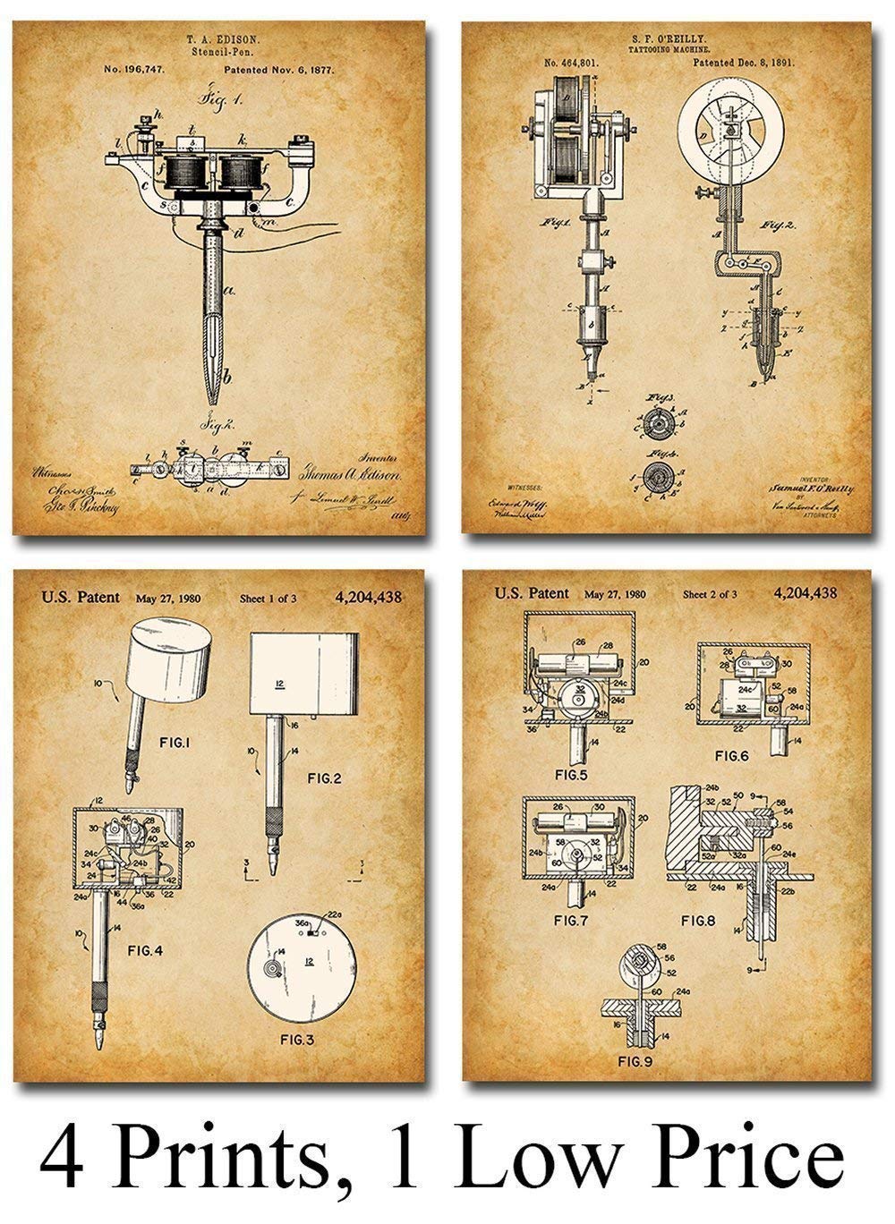 Original Tattoo Machine Patent Prints - Set of Four Photos (8x10) Unframed - Makes a Great Tattoo Artist Gift - Tattoo Shop Decor and Gift Under $20 for Tattoo Artists and Ink Fans