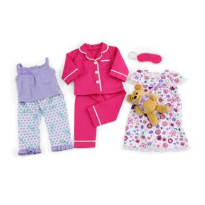 emily rose 18-inch doll clothes pajamas pjs sleep set, with teddy bear - 7 pc value bundle | compatible with 18" inch american girl dolls
