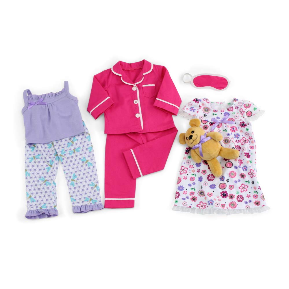 Emily Rose 18-inch Doll Clothes Pajamas PJs Sleep Set, with Teddy Bear - 7 PC Value Bundle | Compatible with 18" inch American Girl Dolls