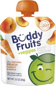 buddy fruits pure blended fruit and veggies apple, peach and carrot applesauce | 100% real fruits & veggies | no sugar, non gmo, vegan, no preservatives, certified kosher | 3.2oz pouch 18 pack