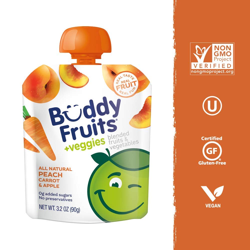 Buddy Fruits Pure Blended Fruit and Veggies Apple, Peach and Carrot Applesauce | 100% Real Fruits & Veggies | No Sugar, Non GMO, Vegan, No Preservatives, Certified Kosher | 3.2oz Pouch 18 Pack