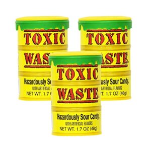 toxic waste | 3-pack toxic waste original yellow drums of assorted sour candy - 5 flavors: apple, watermelon, lemon, blue raspberry, and black cherry (1.7 oz)