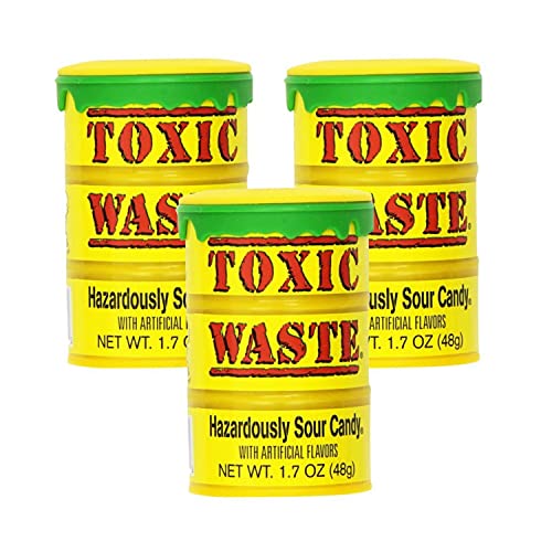 TOXIC WASTE | 3-Pack Toxic Waste Original Yellow Drums of Assorted Sour Candy - 5 Flavors: Apple, Watermelon, Lemon, Blue Raspberry, and Black Cherry (1.7 oz)