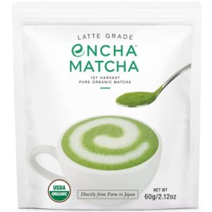 encha latte grade matcha powder - unsweetened, first harvest, organic matcha green tea powder from uji, japan (60g/2.12 ounce) premium powder for matcha latte, smoothie | caffeine, l-theanine