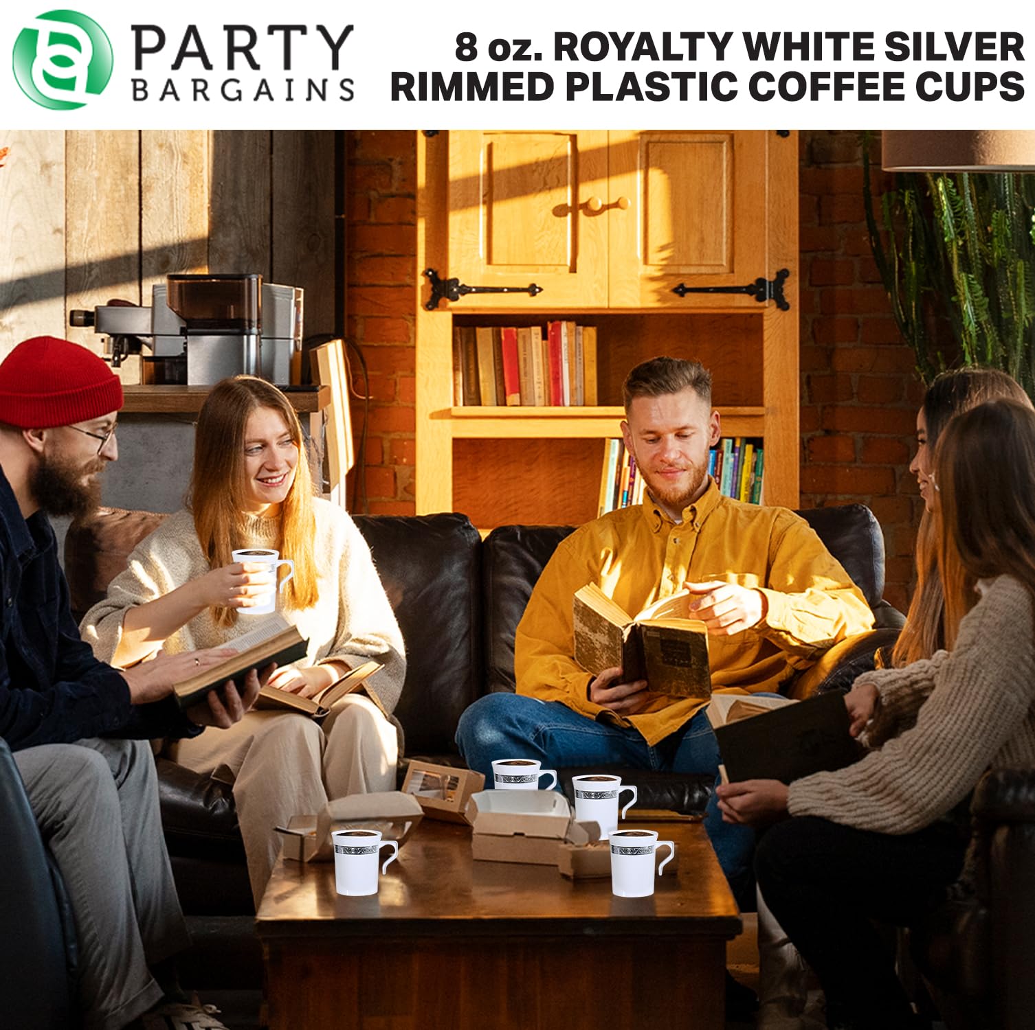 PARTY BARGAINS 8 oz Royalty White Silver Rimmed Plastic Coffee Cups with Handles - [32 Pack] Disposable Plastic White Tea Cups, for Weddings, Bridal Showers, Engagement Parties, Camping