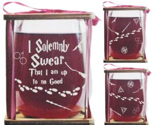 i solemnly swear that i am up to no good stemless wine glass and presentation packaging