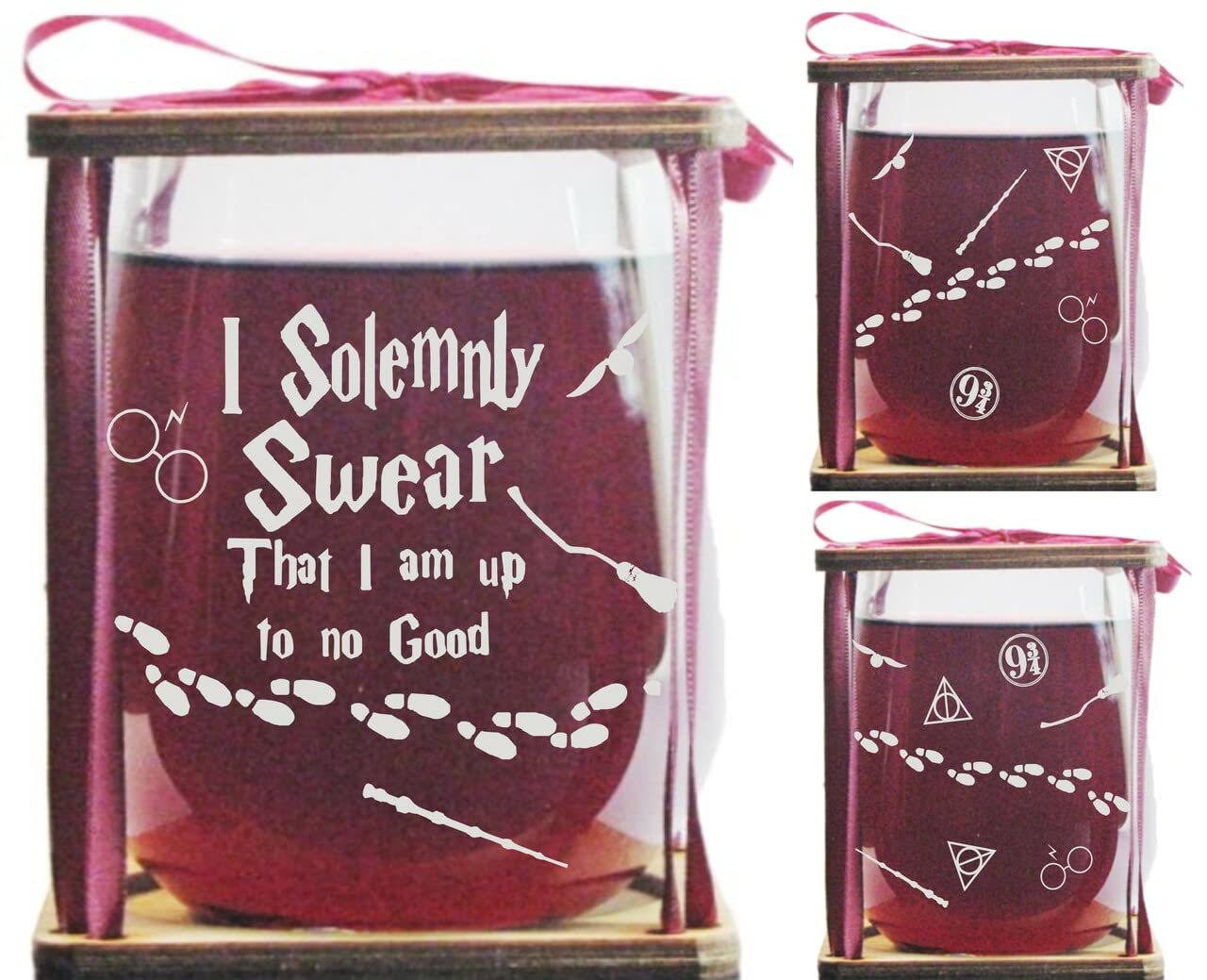 I Solemnly Swear That I Am Up To No Good Stemless Wine Glass and Presentation Packaging