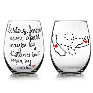 Sisters Long Distance Sister Wine Glass, Personalized Sister Gift, All Countries and States Available Hand Painted Stemless Wine Glass