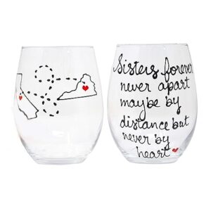 sisters long distance sister wine glass, personalized sister gift, all countries and states available hand painted stemless wine glass