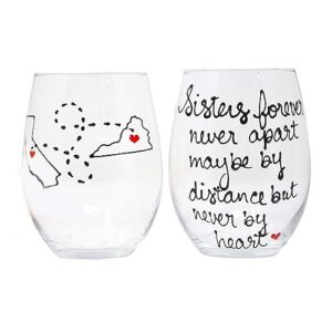 Sisters Long Distance Sister Wine Glass, Personalized Sister Gift, All Countries and States Available Hand Painted Stemless Wine Glass