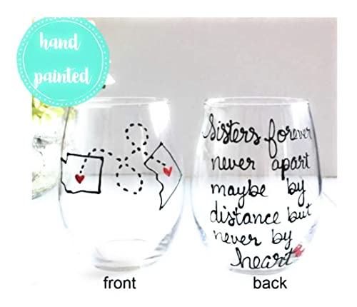 Sisters Long Distance Sister Wine Glass, Personalized Sister Gift, All Countries and States Available Hand Painted Stemless Wine Glass