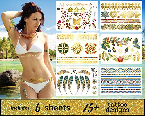 Terra Tattoos Gold Metallic Temporary Tattoos Waterproof Nontoxic Long Lasting Perfect for Beach, Festivals, & more (Enchanted)