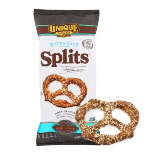 unique snacks extra salt splits pretzels, original split-open pretzels, delicious homestyle baked snack bag, ou kosher, and non-gmo food, no artificial flavor, 11 oz. bag, pack of 3