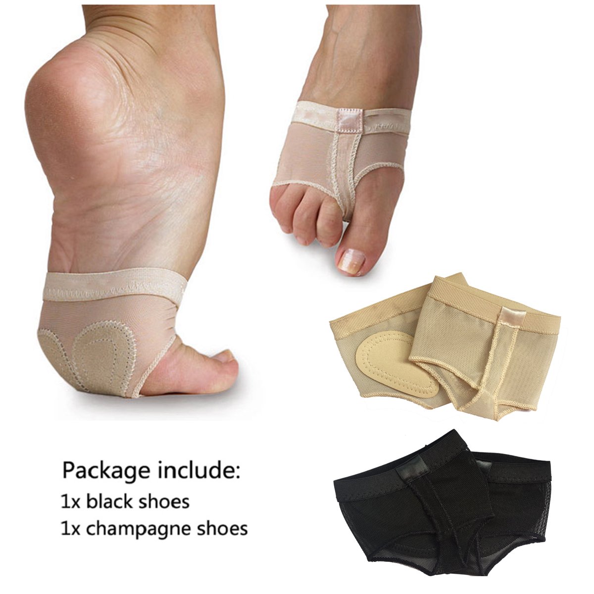 Wuchieal Women's Dance Paws Pad Foot Thongs Toe Undies Half Lyrical Shoes Socks (Champagne&Black,M)