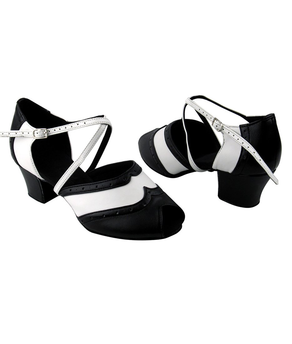 Very Fine Dance Shoes - Ladies Practice, Cuban Low Heel, Waltz Ballroom Dance Shoes - C6035-1.6-inch Heel and Foldable Brush Bundle - Black Leather - White Leather - 6.5