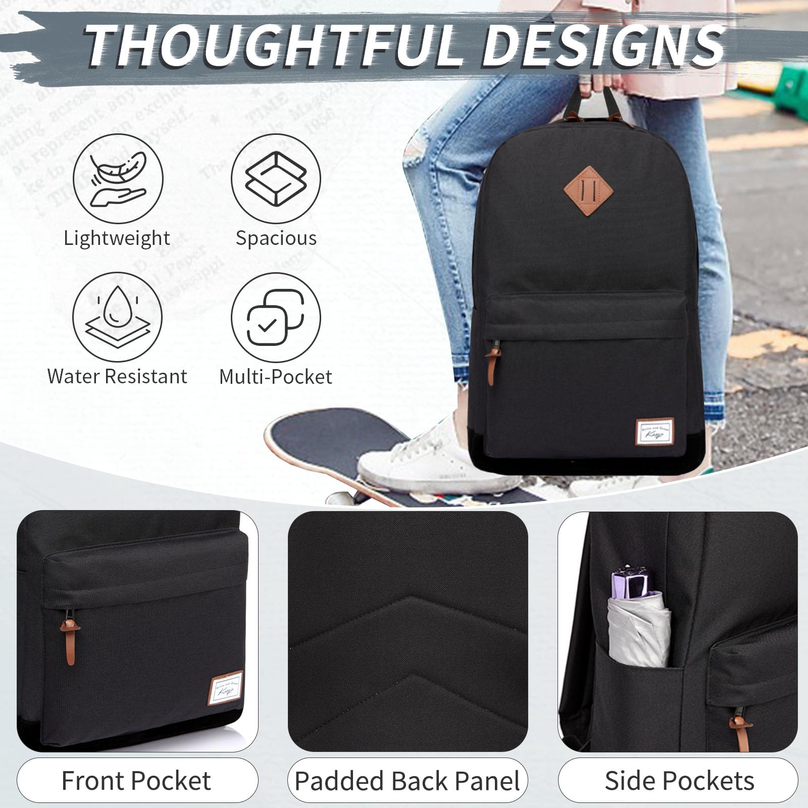 Kasqo Black Backpack, Classic Lightweight School Backpack Teens Boys, 15.6 Inch Laptop Bookbag for Men Women Girls College