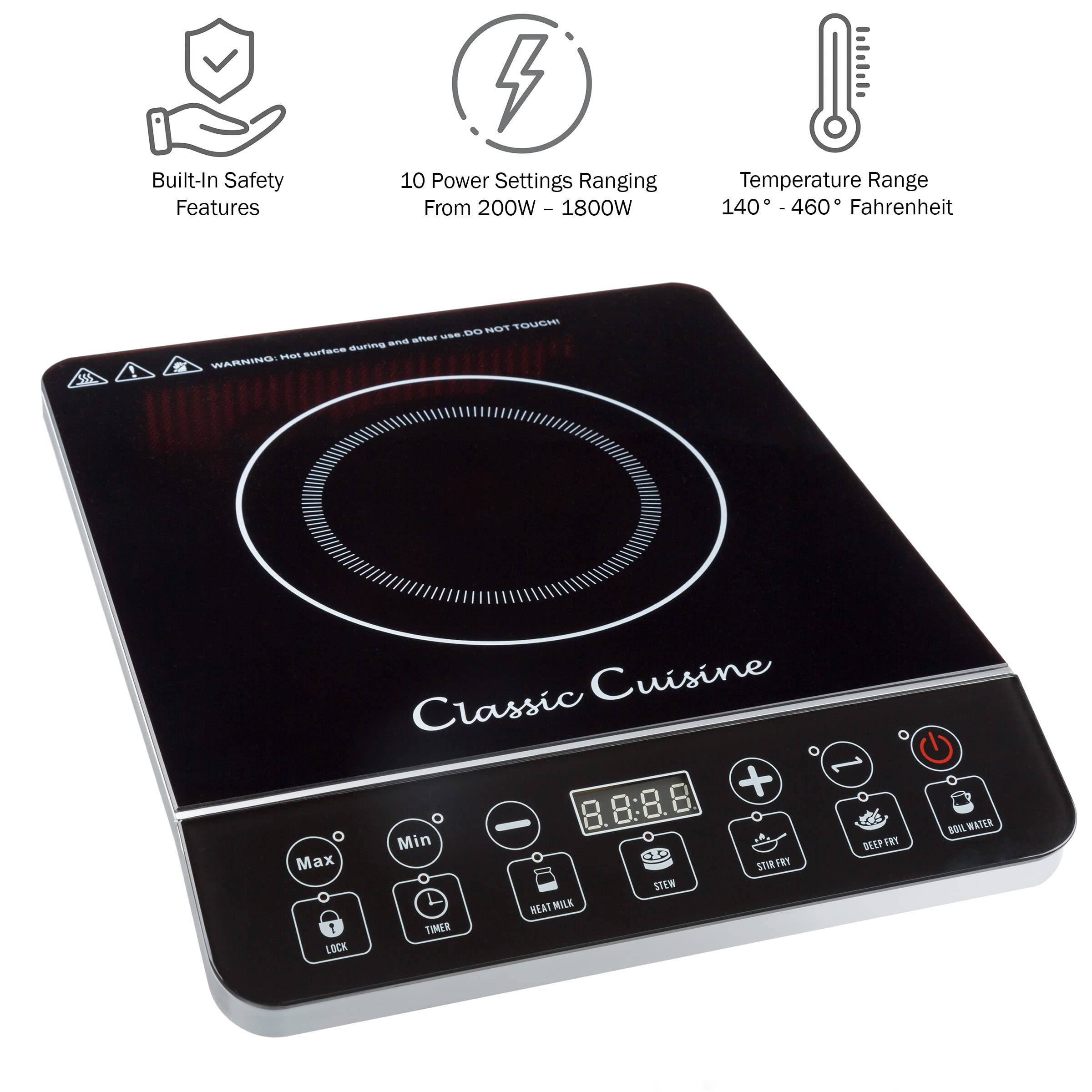 Multi-Function 1800W Portable Induction Cooker Cooktop Burner - Black by Classic Cuisine Black 14 inches L x 11.4 inches W x 2.5 inches H