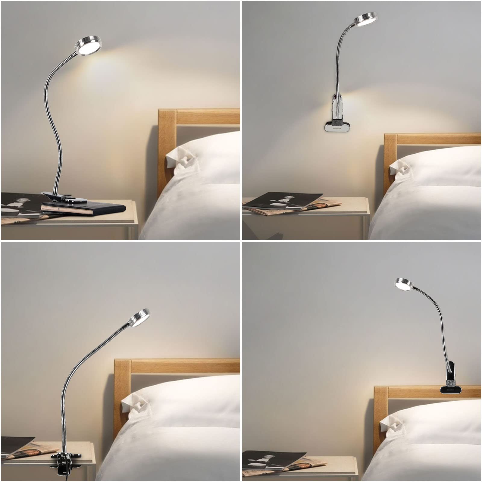 EYOCEAN LED Reading Light, Dimmable Clamp Light for Bed Headboard, Bedroom, Office, 3 Modes & 9 Dimming Levels, Flexible Clip Desk Lamp, Adapter Included, 5W, Silver