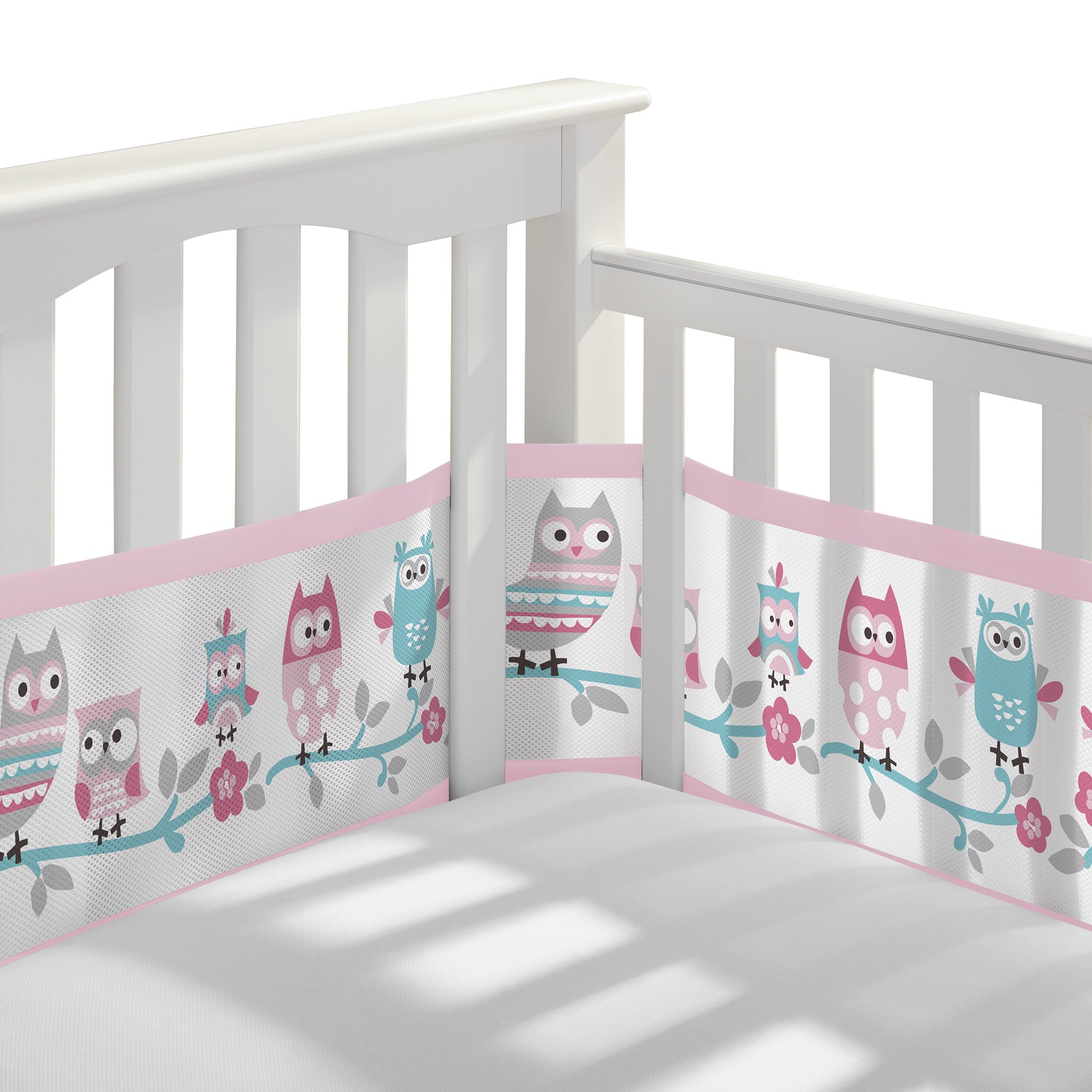 BreathableBaby Breathable Mesh Liner for Full-Size Cribs, Classic 3mm Mesh, Owl Fun Pink (Size 4FS Covers 3 or 4 Sides)