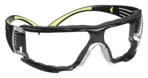 3m 27475 safety glasses, securefit, ansi z87, dust protection, anti-fog anti-scratch clear lens, green/black frame, flexible temples, removable foam gasket