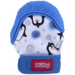 nuby soothing teething mitten with hygienic travel bag, blue penguins, 1 count (pack of 1)