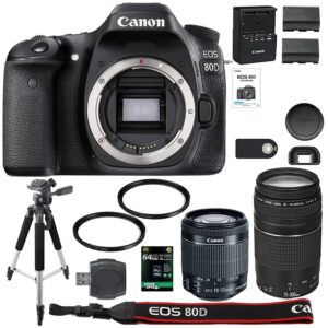 canon eos 80d digital slr camera + 18-55mm stm + canon 75-300mm iii lens + sd card reader + 64gb sdxc + remote + spare battery + accessory bundle - international version