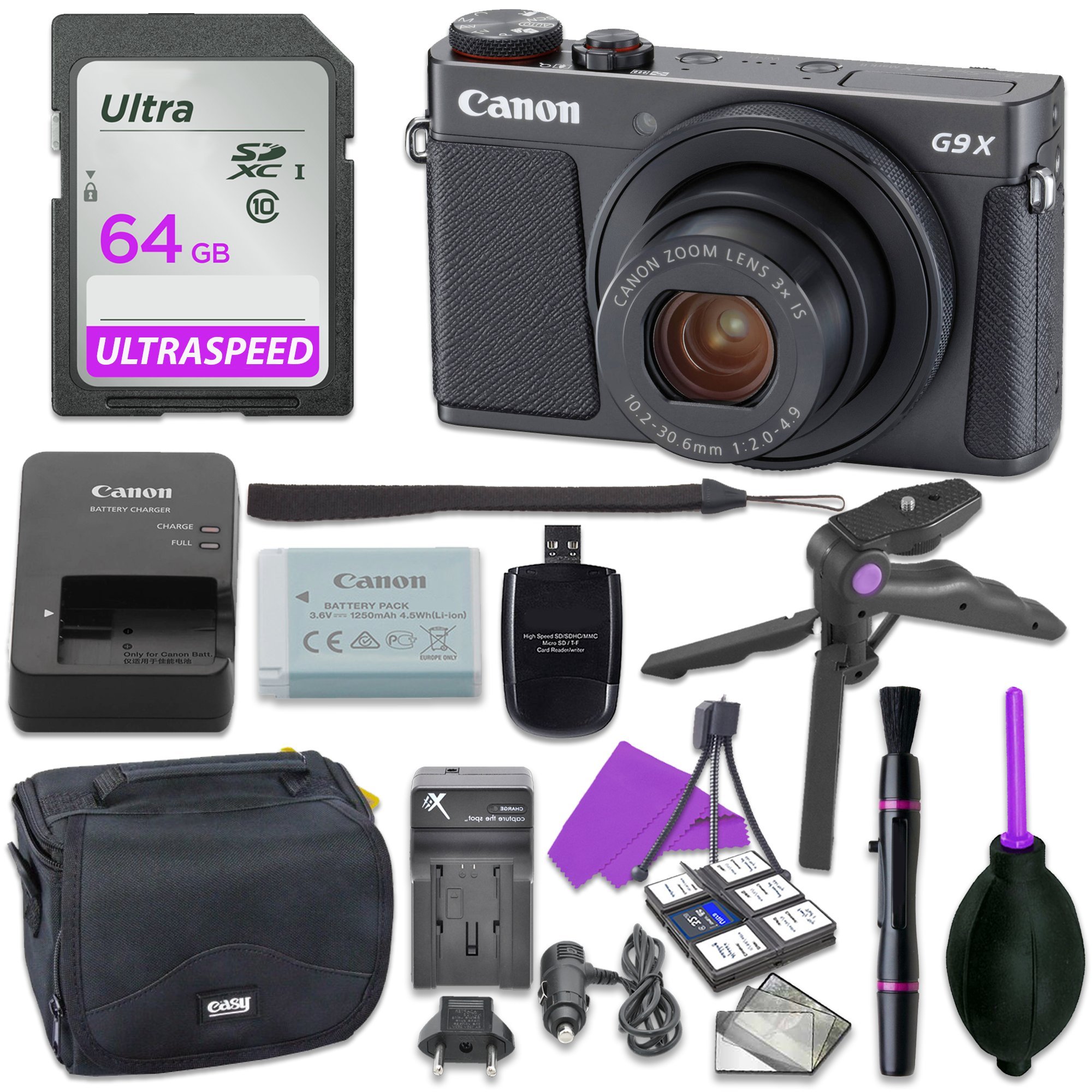 Canon Powershot G9 X Mark II Point & Shoot Digital Camera Bundle w/Tripod Hand Grip, 64GB SD Memory, Case and More (Black)