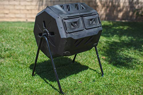 MaxWorks 80699 Compost Bin Tumbler for Garden and Outdoor, 42 Gallon Capacity with 2 Chambers Dual Rotating Composting Tumbler , Black