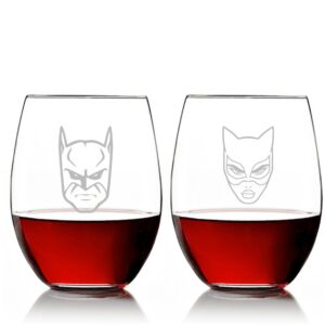 abby smith - bat man and cat woman stemless 15 oz wine glass set